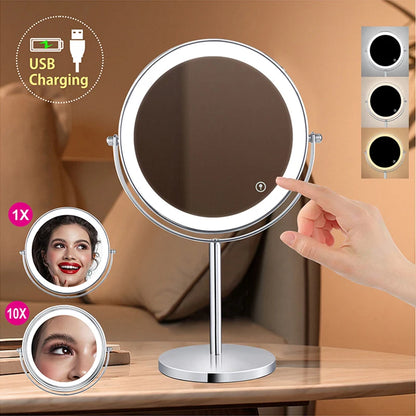 AS-004MM 8" 10X Magnifying LED Makeup Mirror – Double-Sided with 3-Colour Light & USB Charging