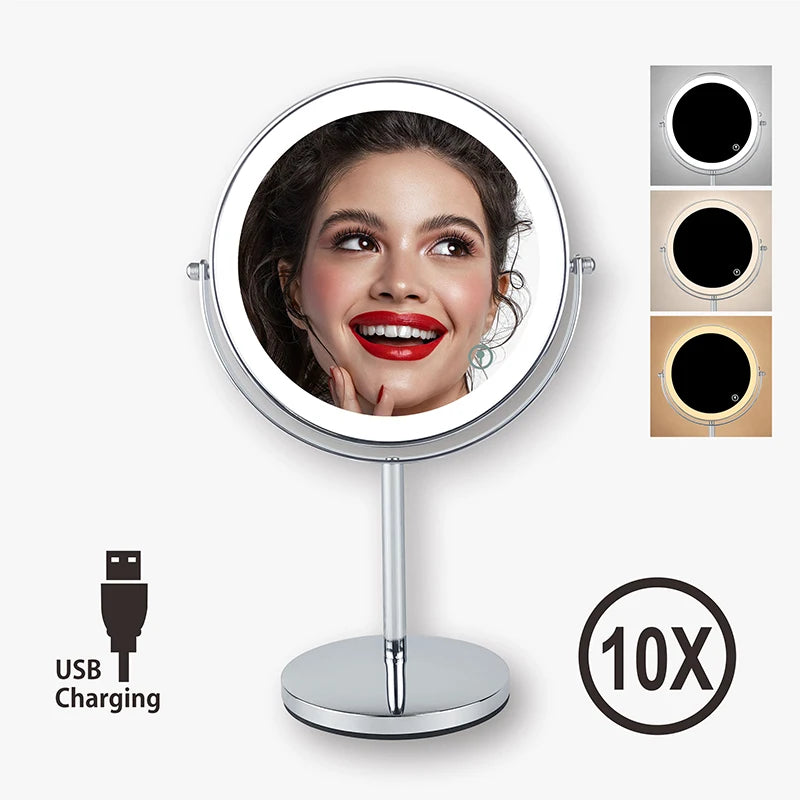 as-004mm 8" 10x magnifying led makeup mirror – double-sided with 3-colour light & usb charging