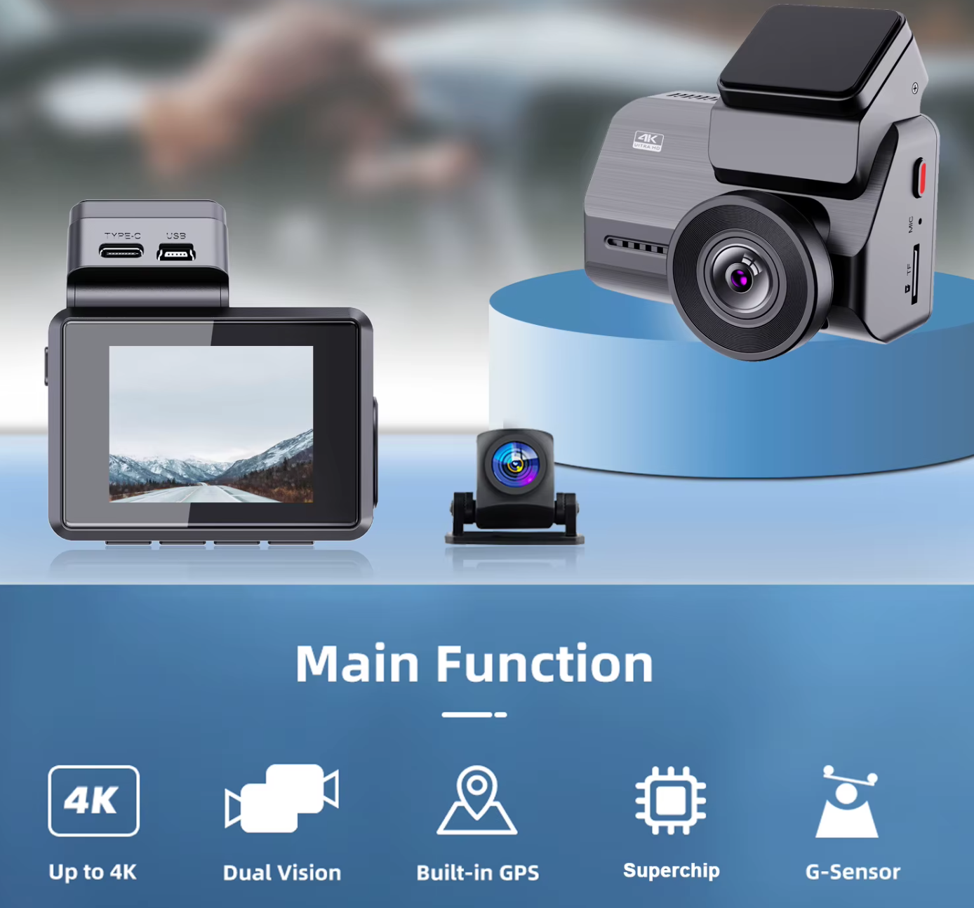 as-800mc mini wifi gps 4k dash camera – dual lens front & rear – night vision, loop recording, parking mode