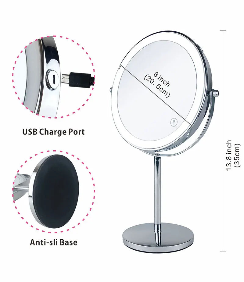 as-004mm 8" 10x magnifying led makeup mirror – double-sided with 3-colour light & usb charging