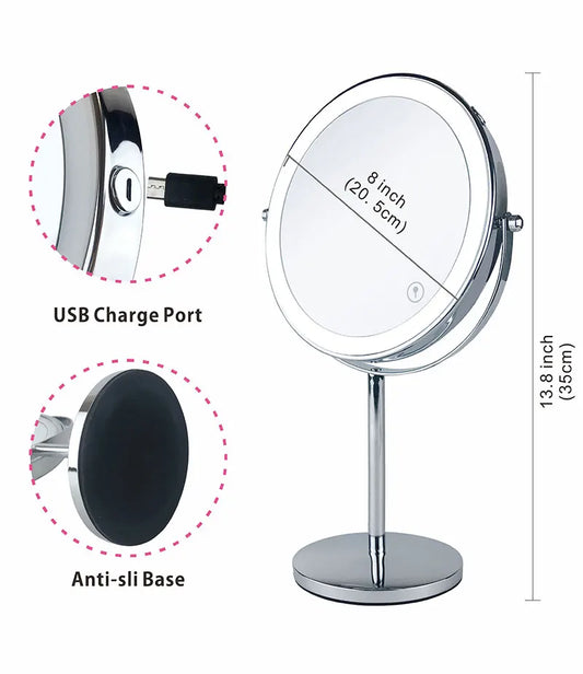 AS-004MM 8" 10X Magnifying LED Makeup Mirror – Double-Sided with 3-Colour Light & USB Charging